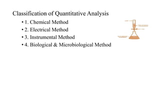 Classification of Quantitative Analysis
• 1. Chemical Method
• 2. Electrical Method
• 3. Instrumental Method
• 4. Biological & Microbiological Method
 