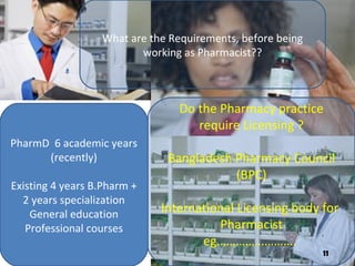 What are the Requirements, before being
working as Pharmacist??
PharmD 6 academic years
(recently)
Existing 4 years B.Pharm +
2 years specialization
General education
Professional courses
Do the Pharmacy practice
require Licensing ?
Bangladesh Pharmacy Council
(BPC)
International Licensing body for
Pharmacist
eg…………………….
11
 