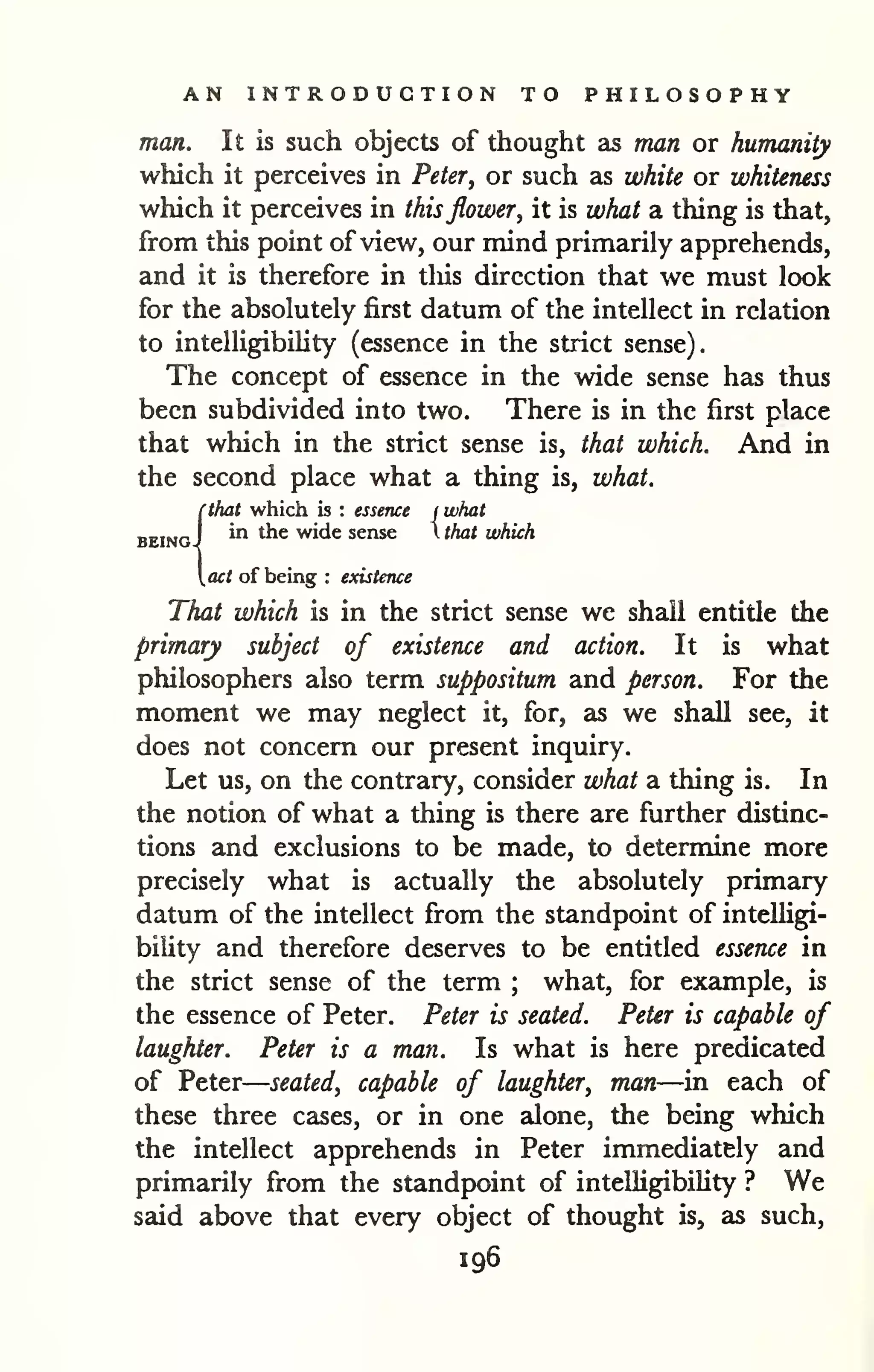 — 
AN INTRODUCTION TO PHILOSOPHY 
man. It is such objects of thought as man or humanity 
which it perceives in Peter, or such as white or whiteness 
which it perceives in thisflower, it is what a thing is that, 
from this point of view, our mind primarily apprehends, 
and it is therefore in tliis direction that we must look 
for the absolutely first datum of the intellect in relation 
to intelligibility (essence in the strict sense). 
The concept of essence in the wide sense has thus 
been subdivided into two. There is in the first place 
that which in the strict sense is, that which. And in 
the second place what a thing is, what. 
{that which is : essence j what 
in the wide sense  that which 
act of being : existence 
That which is in the strict sense we shall entitle the 
primary subject of existence and action. It is what 
philosophers also term suppositum and person. For the 
moment we may neglect it, for, as we shall see, it 
does not concern our present inquiry. 
Let us, on the contrary, consider what a thing is. In 
the notion of what a thing is there are further distinc-tions 
and exclusions to be made, to determine more 
precisely what is actually the absolutely primary 
datum of the intellect from the standpoint of intelHgi-bility 
and therefore deserves to be entitled essence in 
the strict sense of the term ; what, for example, is 
the essence of Peter. Peter is seated. Peter is capable of 
laughter. Peter is a man. Is what is here predicated 
of Peter 
seated, capable of laughter, man—in each of 
these three cases, or in one alone, the being which 
the intellect apprehends in Peter immediately and 
primarily from the standpoint of intelligibility ? We 
said above that every object of thought is, as such, 
196 
 