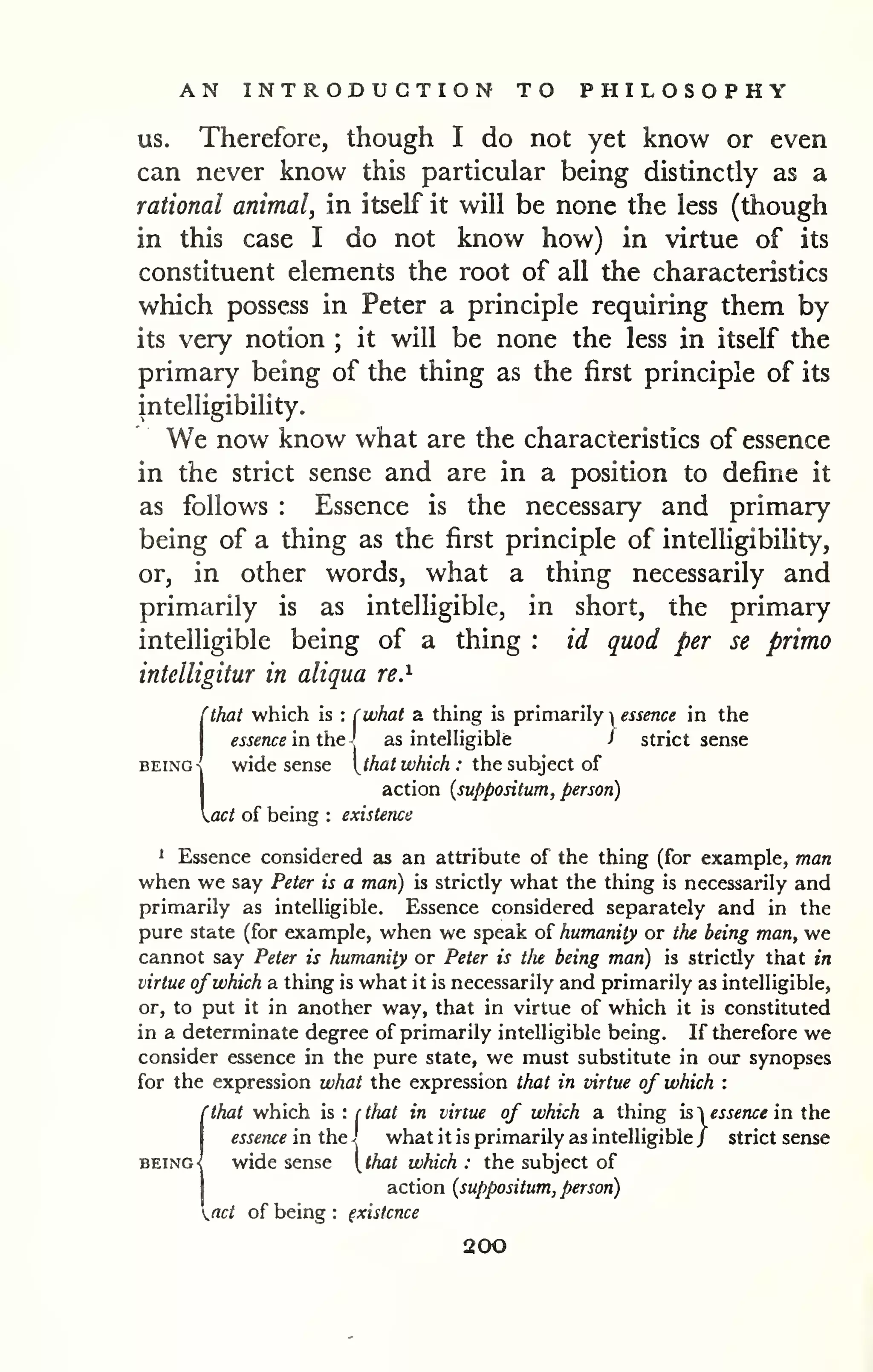 AN INTRODUCTION TO PHILOSOPHY 
US. Therefore, though I do not yet know or even 
can never know this particular being distinctly as a 
rational animal, in itself it will be none the less (though 
in this case I do not know how) in virtue of its 
constituent elements the root of all the characteristics 
which possess in Peter a principle requiring them by 
its very notion ; it will be none the less in itself the 
primary being of the thing as the first principle of its 
intelligibility. 
We now know what are the characteristics of essence 
in the strict sense and are in a position to define it 
as follows : Essence is the necessary and primary 
being of a thing as the first principle of intelligibility, 
or, in other words, what a thing necessarily and 
primarily is as intelligible, in short, the primary 
intelligible being of a thing : id quod per se primo 
intelligitur in aliqua re.^ 
fthat which is : (what a thing is primarily 
i 
essence in the 
essence in the - as intelligible i strict sense 
BEING-! wide sense that which : ihc sih}tc. oi 
action {suppositum, person) 
act of being : existence 
1 Essence considered as an attribute of the thing (for example, man 
when we say Peter is a man) is strictly what the thing is necessarily and 
primarily as intelligible. Essence considered separately and in the 
pure state (for example, when we speak of humanity or the being man, we 
cannot say Peter is humanity or Peter is tlie being man) is strictly that in 
virtue of which a thing is what it is necessarily and primarily as intelligible, 
or, to put it in another way, that in virtue of which it is constituted 
in a determinate degree of primarily intelligible being. If therefore we 
consider essence in the pure state, we must substitute in our synopses 
for the expression what the expression that in virtue of which : 
(that which is : (that in virtue of which a thing sessence in the 
essence in the ! what it is primarily as intelligible/ strict sense 
wide sense that which : the subject of 
action {suppositum, person) 
nct of being : existence 
200 
 