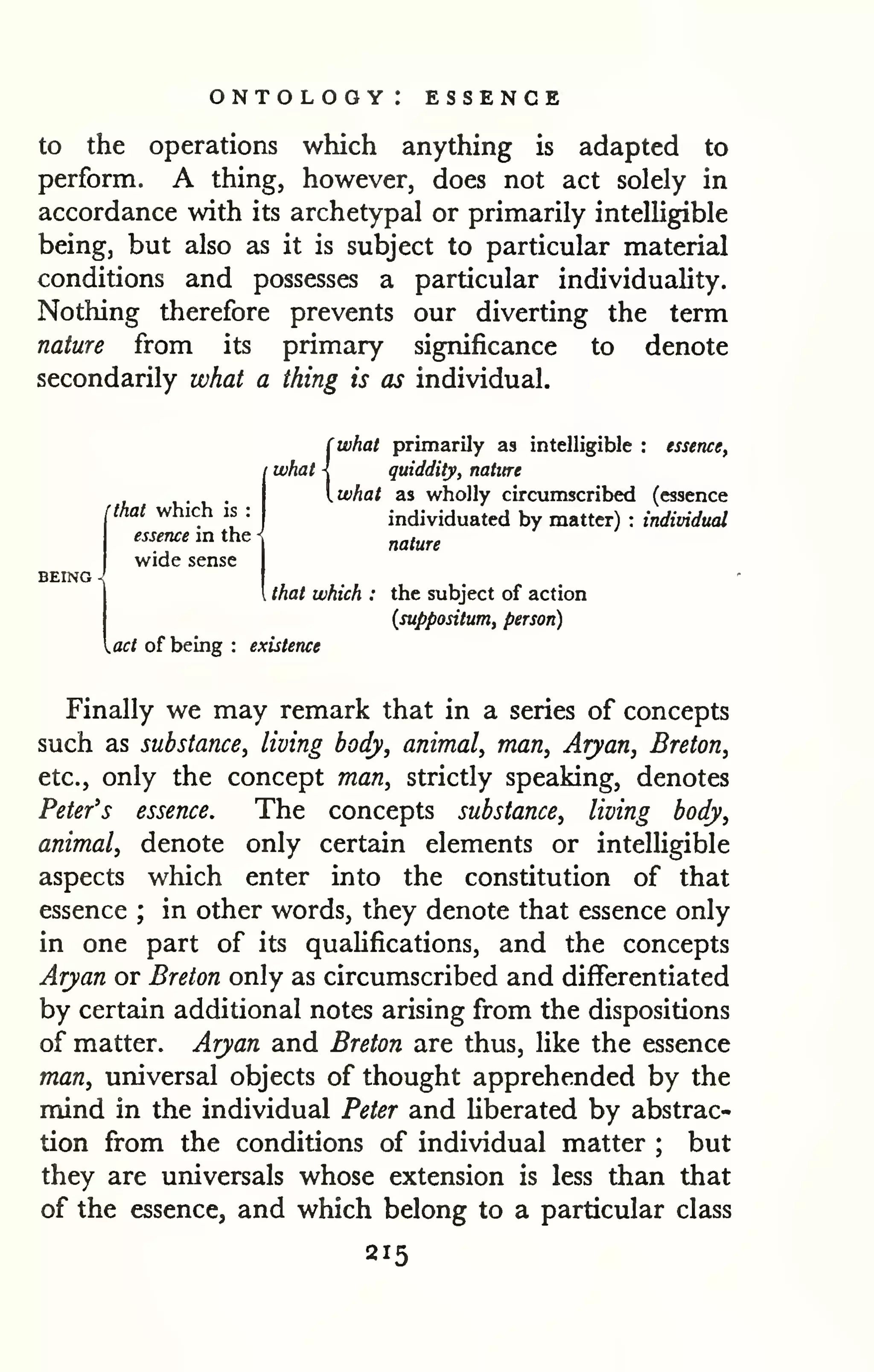 ontology: essence 
to the operations which anything is adapted to 
perform. A thing, however, does not act solely in 
accordance with its archetypal or primarily intelligible 
being, but also as it is subject to particular material 
conditions and possesses a particular individuaUty. 
Nothing therefore prevents our diverting the term 
nature from its primary significance to denote 
secondarily what a thing is as individual. 
(what primarily as intelligible : essence, 
quiddity, nature 
what as wholly circumscribed (essence 
individuated by matter) : individual 
nature 
[that which is : 
essence in the 
wide sense 
BEING -. 
 that which : the subject of action 
{suppositum, person) 
^act of being : existence 
Finally we may remark that in a series of concepts 
such as substance, living body, animal, man, Aryan, Breton, 
etc., only the concept man, strictly speaking, denotes 
Peter's essence. The concepts substance, living body, 
animal, denote only certain elements or intelligible 
aspects which enter into the constitution of that 
essence ; in other words, they denote that essence only 
in one part of its qualifications, and the concepts 
Arjyan or Breton only as circumscribed and differentiated 
by certain additional notes arising from the dispositions 
of matter. Aryan and Breton are thus, like the essence 
man, universal objects of thought apprehended by the 
mind in the individual Peter and liberated by abstrac-tion 
from the conditions of individual matter ; but 
they are universals whose extension is less than that 
of the essence, and which belong to a particular class 
215 
 