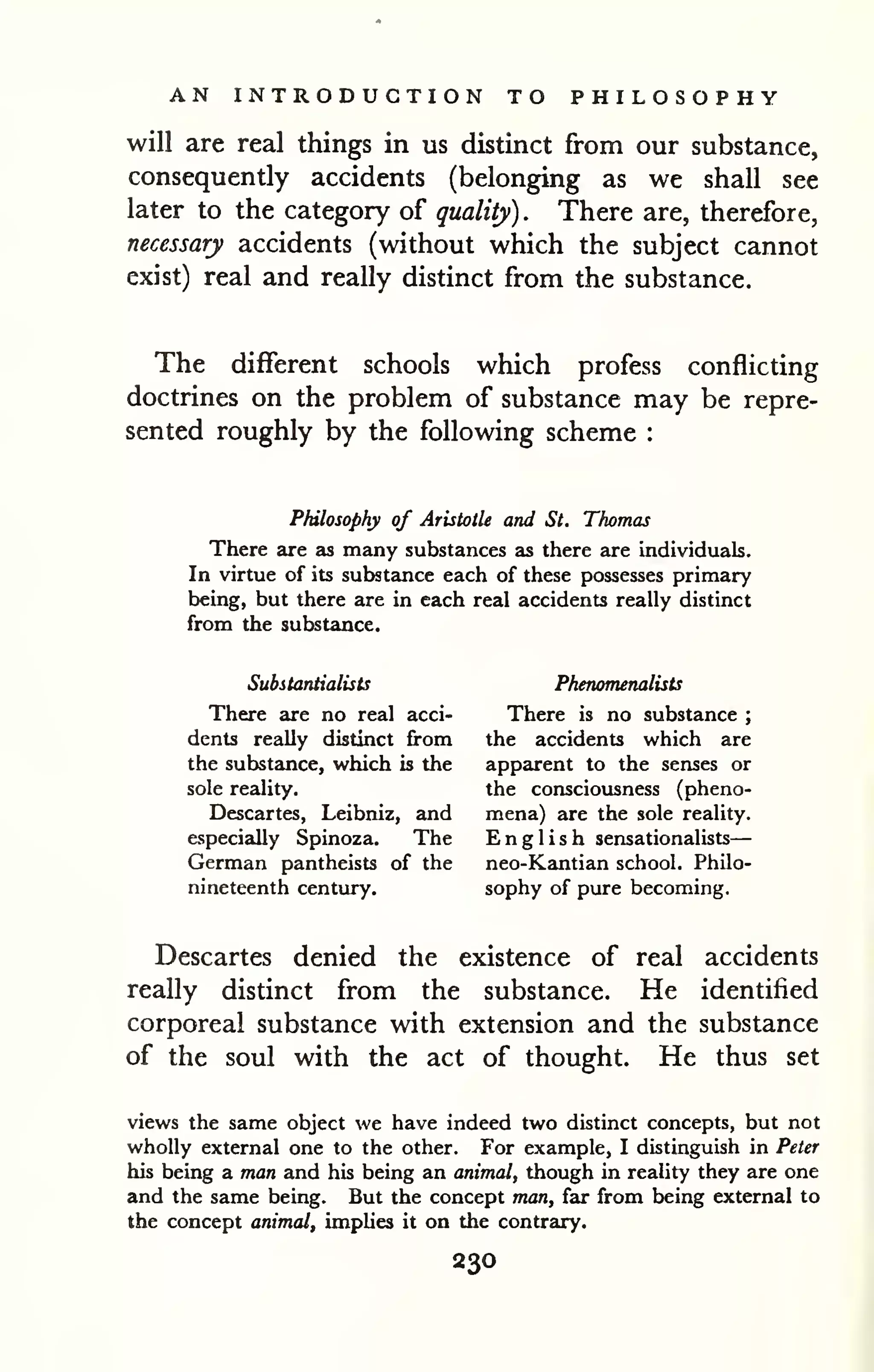 AN INTRODUCTION TO PHILOSOPHY 
will are real things in us distinct from our substance, 
consequently accidents (belonging as we shall see 
later to the category of quality) . There are, therefore, 
necessary accidents (without which the subject cannot 
exist) real and really distinct from the substance. 
The different schools which profess conflicting 
doctrines on the problem of substance may be repre-sented 
roughly by the following scheme : 
Philosophy of Aristotle and St. Thomas 
There are as many substances as there are individuals. 
In virtue of its substance each of these possesses primary 
being, but there are in each real accidents really distinct 
from the substance. 
Substantialists Phenomenalists 
There are no real acci- There is no substance ; 
dents really distinct from the accidents which are 
the substance, which is the apparent to the senses or 
sole reality. the consciousness (pheno- 
Descartes, Leibniz, and mena) are the sole reality, 
especially Spinoza. The English sensationalists 
— 
German pantheists of the neo-Kantian school. Philo-nineteenth 
century. sophy of pure becoming. 
Descartes denied the existence of real accidents 
really distinct from the substance. He identified 
corporeal substance with extension and the substance 
of the soul with the act of thought. He thus set 
views the same object we have indeed two distinct concepts, but not 
wholly external one to the other. For example, I distinguish in Peter 
his being a man and his being an animal, though in reality they are one 
and the same being. But the concept man, far from being external to 
the concept animal, imphes it on the contrary. 
230 
 