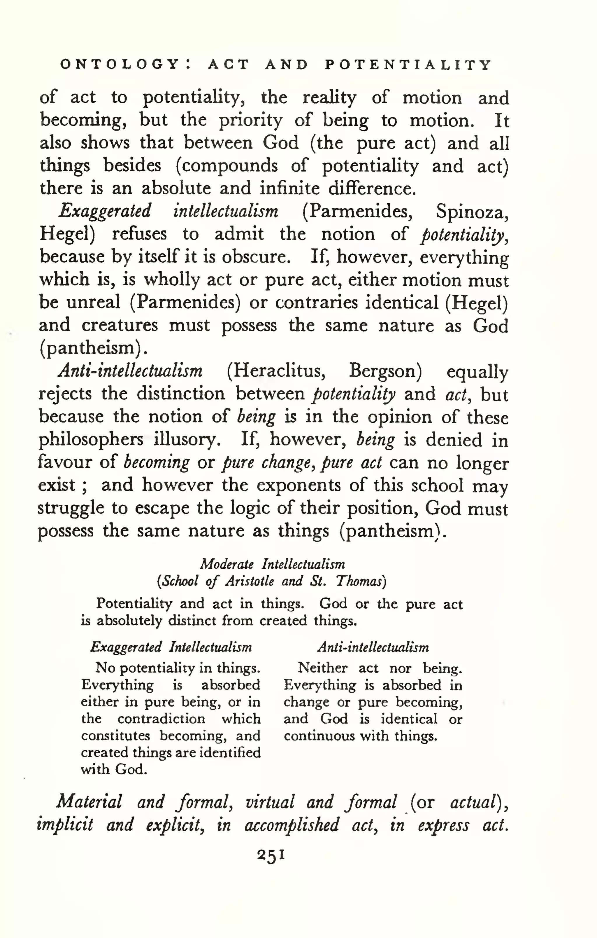 . 
ontology: act and potentiality 
of act to potentiality, the reality of motion and 
becoming, but the priority of being to motion. It 
also shows that between God (the pure act) and all 
things besides (compounds of potentiality and act) 
there is an absolute and infinite difference. 
Exaggerated intellectualism (Parmenides, Spinoza, 
Hegel) refuses to admit the notion of potentiality, 
because by itself it is obscure. If, however, everything 
which is, is wholly act or pure act, either motion must 
be unreal (Parmenides) or contraries identical (Hegel) 
and creatures must possess the same nature as God 
(pantheism) 
Anti-intellectualism (Herachtus, Bergson) equally 
rejects the distinction between potentiality and act, but 
because the notion of being is in the opinion of these 
philosophers illusory. If, however, being is denied in 
favour of becoming or pure change, pure act can no longer 
exist ; and however the exponents of this school may 
struggle to escape the logic of their position, God must 
possess the same nature as things (pantheism). 
Moderate Intellectualism 
[School of Aristotle and St. Thomas) 
Potentiality and act in things. God or the pure act 
is absolutely distinct from created things. 
Exaggerated Intellectualism Anti-intellectualism 
No potentiality in things. Neither act nor being. 
Everything is absorbed Everything is absorbed in 
either in pure being, or in change or pure becoming, 
the contradiction which and God is identical or 
constitutes becoming, and continuous with things, 
created things are identified 
with God. 
Material and formal, virtual and formal (or actual), 
implicit and explicit, in accomplished act, in express act. 
251 
 
