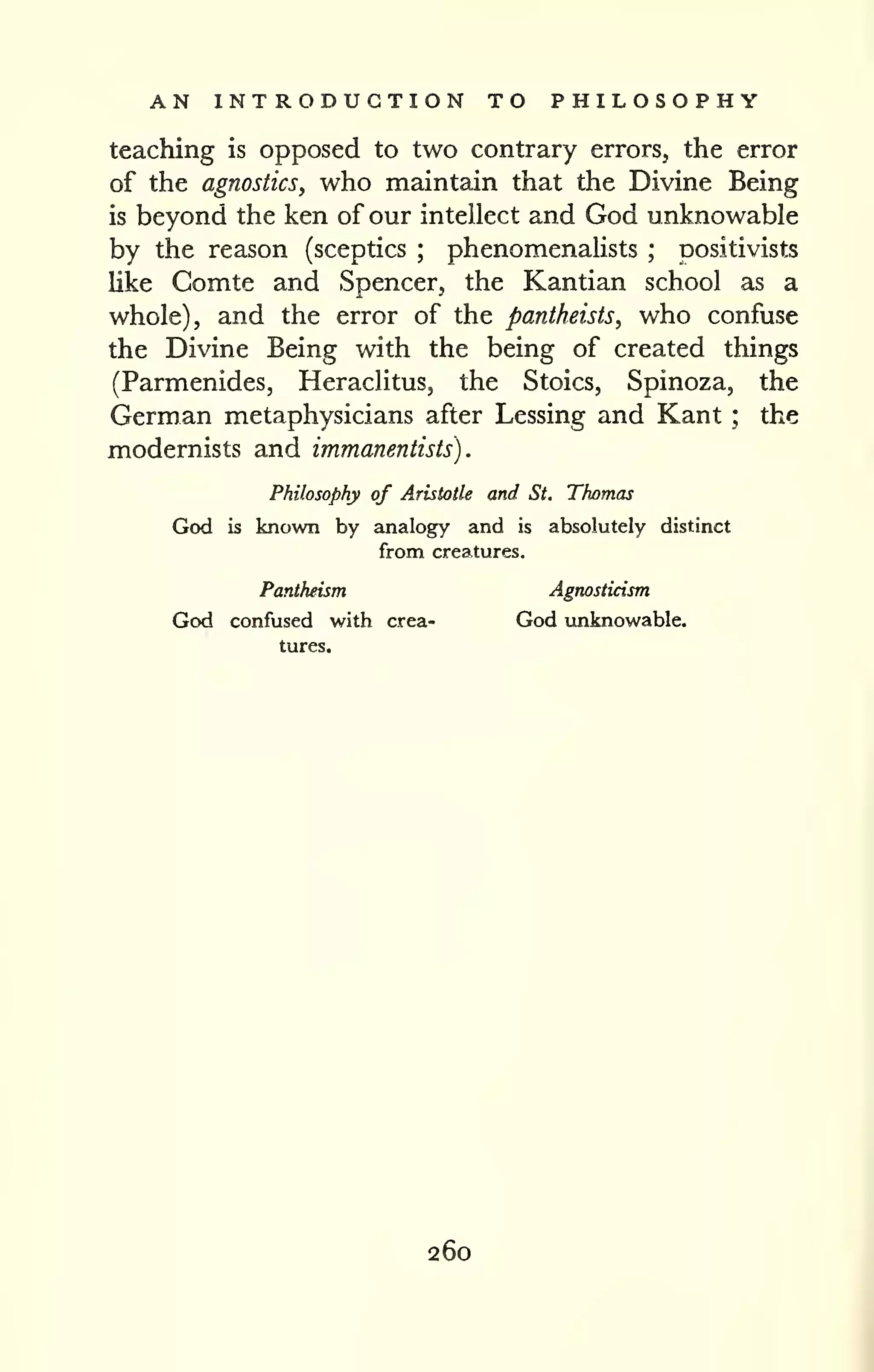 . 
AN INTRODUCTION TO PHILOSOPHY 
teaching is opposed to two contrary errors, the error 
of the agnostics, who maintain that the Divine Being 
is beyond the ken of our intellect and God unknowable 
by the reason (sceptics ; phenomenalists ; positivists 
like Comte and Spencer, the Kantian school as a 
whole), and the error of the pantheists, who confuse 
the Divine Being with the being of created things 
(Parmenides, Heraclitus, the Stoics, Spinoza, the 
German metaphysicians after Lessing and Kant ; the 
modernists and immanentists) 
Philosophy of Aristotle and St. Thomas 
God is known by analogy and is absolutely distinct 
from creatures. 
Pantheism Agnosticism 
God confused with crea- God unknowable, 
tures. 
260 
 