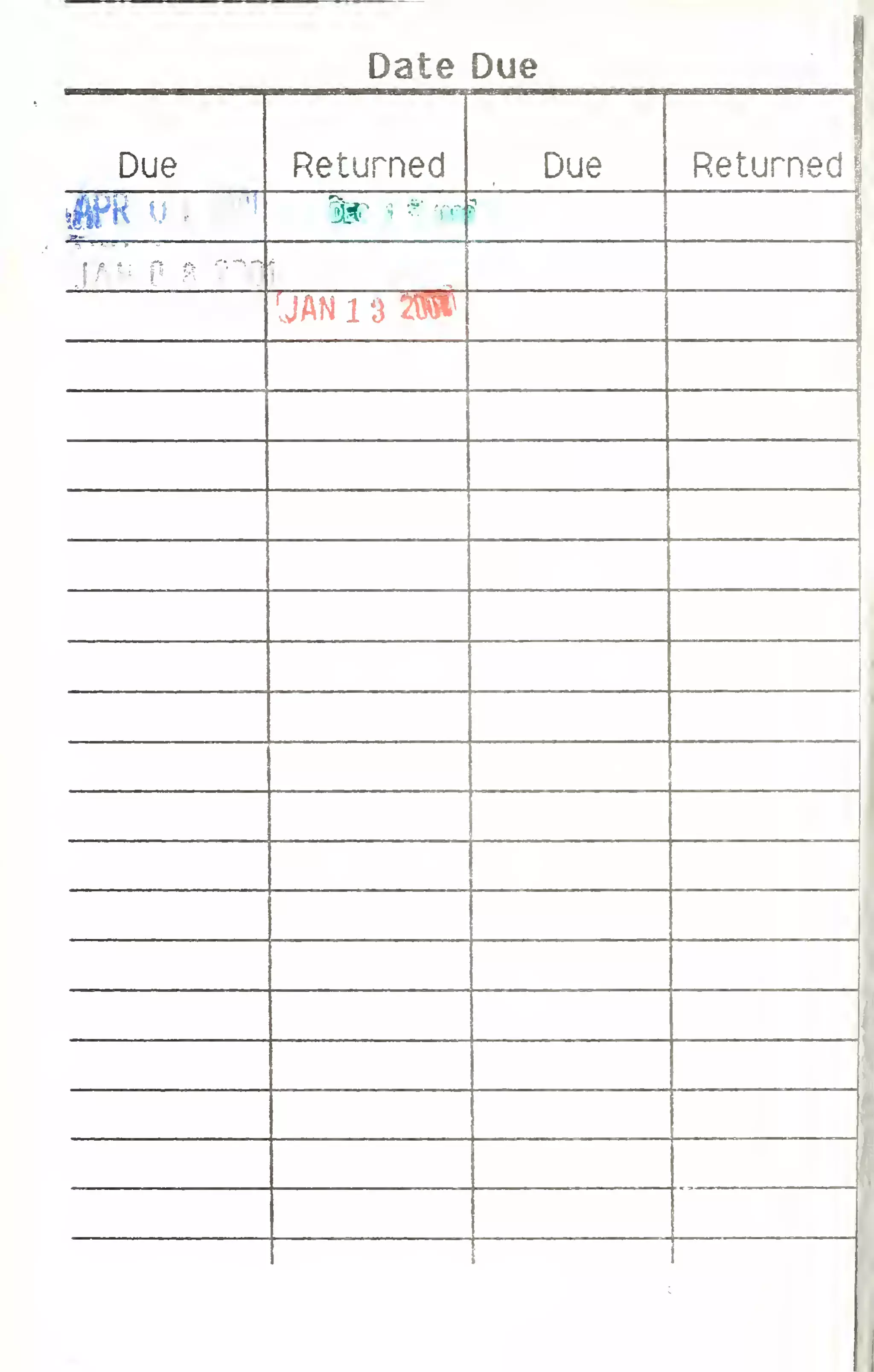 Date Due 
Due Returned Due Returne- 
M' ^ 
'^' ' '" ^ 
^^n n - - 
[jm 1 3 2^^ 
; 
i 
j 
1 
I 
i 
V 
~ 
 