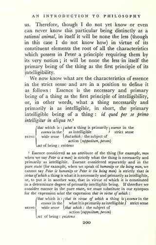 AN INTRODUCTION TO PHILOSOPHY 
US. Therefore, though I do not yet know or even 
can never know this particular being distinctly as a 
rational animal, in itself it will be none the less (though 
in this case I do not know how) in virtue of its 
constituent elements the root of all the characteristics 
which possess in Peter a principle requiring them by 
its very notion ; it will be none the less in itself the 
primary being of the thing as the first principle of its 
intelligibility. 
We now know what are the characteristics of essence 
in the strict sense and are in a position to define it 
as follows : Essence is the necessary and primary 
being of a thing as the first principle of intelligibility, 
or, in other words, what a thing necessarily and 
primarily is as intelligible, in short, the primary 
intelligible being of a thing : id quod per se primo 
intelligitur in aliqua re.^ 
fthat which is : (what a thing is primarily 
i 
essence in the 
essence in the - as intelligible i strict sense 
BEING-! wide sense that which : ihc sih}tc. oi 
action {suppositum, person) 
act of being : existence 
1 Essence considered as an attribute of the thing (for example, man 
when we say Peter is a man) is strictly what the thing is necessarily and 
primarily as intelligible. Essence considered separately and in the 
pure state (for example, when we speak of humanity or the being man, we 
cannot say Peter is humanity or Peter is tlie being man) is strictly that in 
virtue of which a thing is what it is necessarily and primarily as intelligible, 
or, to put it in another way, that in virtue of which it is constituted 
in a determinate degree of primarily intelligible being. If therefore we 
consider essence in the pure state, we must substitute in our synopses 
for the expression what the expression that in virtue of which : 
(that which is : (that in virtue of which a thing sessence in the 
essence in the ! what it is primarily as intelligible/ strict sense 
wide sense that which : the subject of 
action {suppositum, person) 
nct of being : existence 
200 
 