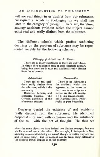 AN INTRODUCTION TO PHILOSOPHY 
will are real things in us distinct from our substance, 
consequently accidents (belonging as we shall see 
later to the category of quality) . There are, therefore, 
necessary accidents (without which the subject cannot 
exist) real and really distinct from the substance. 
The different schools which profess conflicting 
doctrines on the problem of substance may be repre-sented 
roughly by the following scheme : 
Philosophy of Aristotle and St. Thomas 
There are as many substances as there are individuals. 
In virtue of its substance each of these possesses primary 
being, but there are in each real accidents really distinct 
from the substance. 
Substantialists Phenomenalists 
There are no real acci- There is no substance ; 
dents really distinct from the accidents which are 
the substance, which is the apparent to the senses or 
sole reality. the consciousness (pheno- 
Descartes, Leibniz, and mena) are the sole reality, 
especially Spinoza. The English sensationalists 
— 
German pantheists of the neo-Kantian school. Philo-nineteenth 
century. sophy of pure becoming. 
Descartes denied the existence of real accidents 
really distinct from the substance. He identified 
corporeal substance with extension and the substance 
of the soul with the act of thought. He thus set 
views the same object we have indeed two distinct concepts, but not 
wholly external one to the other. For example, I distinguish in Peter 
his being a man and his being an animal, though in reality they are one 
and the same being. But the concept man, far from being external to 
the concept animal, imphes it on the contrary. 
230 
 