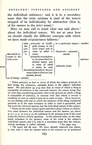 ontology: substance and accident 
the individual substance/ and it is in a secondary 
sense that the term substance is used of the nature 
stripped of its individuality by abstraction (that is, 
of the essence in the strict sense) * 
. 
Here we may call to mind what was said above ' 
about the individual nature. We see at once how 
we should classify the different concepts with which 
we have made acquaintance hitherto.* 
what { primarily as intelli- i 
the gible {essence in the 
J 
sub- strict sense) and in 
| 
ject j virtue of which it  
that which is : is exists 
essence in the-; - primarily as complete- n 
wide sense ly circumscribed {in-dividual 
nature) and 
in virtue of which 
it exists as such 
^ <Aa<u)AicA primarily is: the pri-marysubject 
ofaction {sup-positum, 
person) J 
existence 
in a particular respect : accident 
absolutely : substantia ^ 
secunda 
' substarue 
substantia prima 
act of being 
: 
1 Taken precisely as that in virtue of which the subject possesses its 
first being, the substance, substantia prima, is the subject's individual 
nature. We said above (p. 214) that that in virtue of which a thing is 
susceptible of existence is the universal essence, the reason being that 
we were then considering precisely what is the ground on which a thing 
is susceptible of existence, in contrast with that which is merely a 
condition or state in which it must be in order to exist. Here, however, 
we are dealing with that in which the existence of the thing considered 
precisely as in the state necessary in order to exist is grounded, and 
this is not the universal essence, but the individual nature of the subject. 
2 Hence in the order of pure spirits and there alone (where no distinc-tion 
exists between the individual nature and the essence, see above 
p. 2 1 1 , n. 3 ; p. 2 1 3, n. 2), the substance in the primary sense of the word 
is also the essence, strictly speaking. In the material order, on the other 
hand, substance in the primary sense of the word is the subject's 
individual nature, and it is onJy in a secondary sense that the essence, 
strictly speaking, is called substarue, ' See page 209. 
* The quod and the quo. We have already observed (see above, 
p. 200, note 1) that the essence taken in the concrete or as attributed 
235 
 