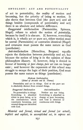 . 
ontology: act and potentiality 
of act to potentiality, the reality of motion and 
becoming, but the priority of being to motion. It 
also shows that between God (the pure act) and all 
things besides (compounds of potentiality and act) 
there is an absolute and infinite difference. 
Exaggerated intellectualism (Parmenides, Spinoza, 
Hegel) refuses to admit the notion of potentiality, 
because by itself it is obscure. If, however, everything 
which is, is wholly act or pure act, either motion must 
be unreal (Parmenides) or contraries identical (Hegel) 
and creatures must possess the same nature as God 
(pantheism) 
Anti-intellectualism (Herachtus, Bergson) equally 
rejects the distinction between potentiality and act, but 
because the notion of being is in the opinion of these 
philosophers illusory. If, however, being is denied in 
favour of becoming or pure change, pure act can no longer 
exist ; and however the exponents of this school may 
struggle to escape the logic of their position, God must 
possess the same nature as things (pantheism). 
Moderate Intellectualism 
[School of Aristotle and St. Thomas) 
Potentiality and act in things. God or the pure act 
is absolutely distinct from created things. 
Exaggerated Intellectualism Anti-intellectualism 
No potentiality in things. Neither act nor being. 
Everything is absorbed Everything is absorbed in 
either in pure being, or in change or pure becoming, 
the contradiction which and God is identical or 
constitutes becoming, and continuous with things, 
created things are identified 
with God. 
Material and formal, virtual and formal (or actual), 
implicit and explicit, in accomplished act, in express act. 
251 
 