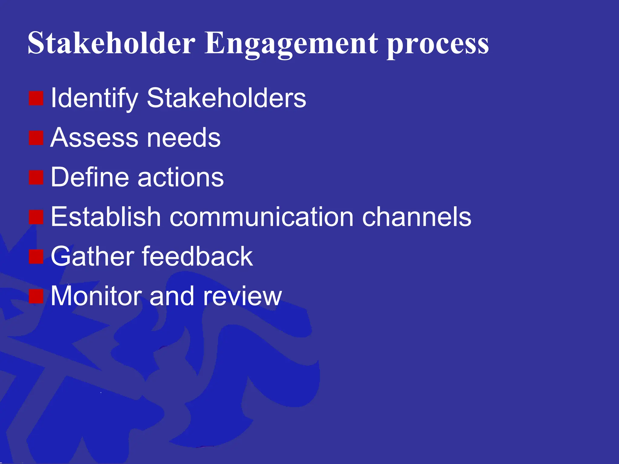 Stakeholder Engagement process
 Identify Stakeholders
 Assess needs
 Define actions
 Establish communication channels
 Gather feedback
 Monitor and review
 