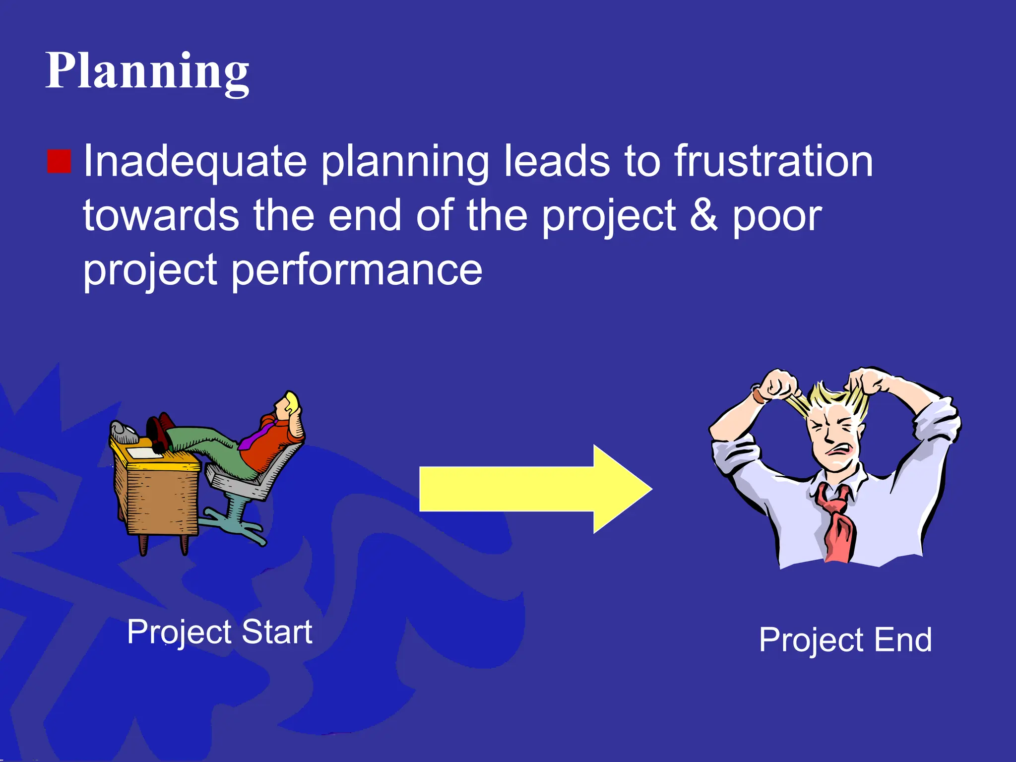 Planning
 Inadequate planning leads to frustration
towards the end of the project & poor
project performance
Project Start Project End
 
