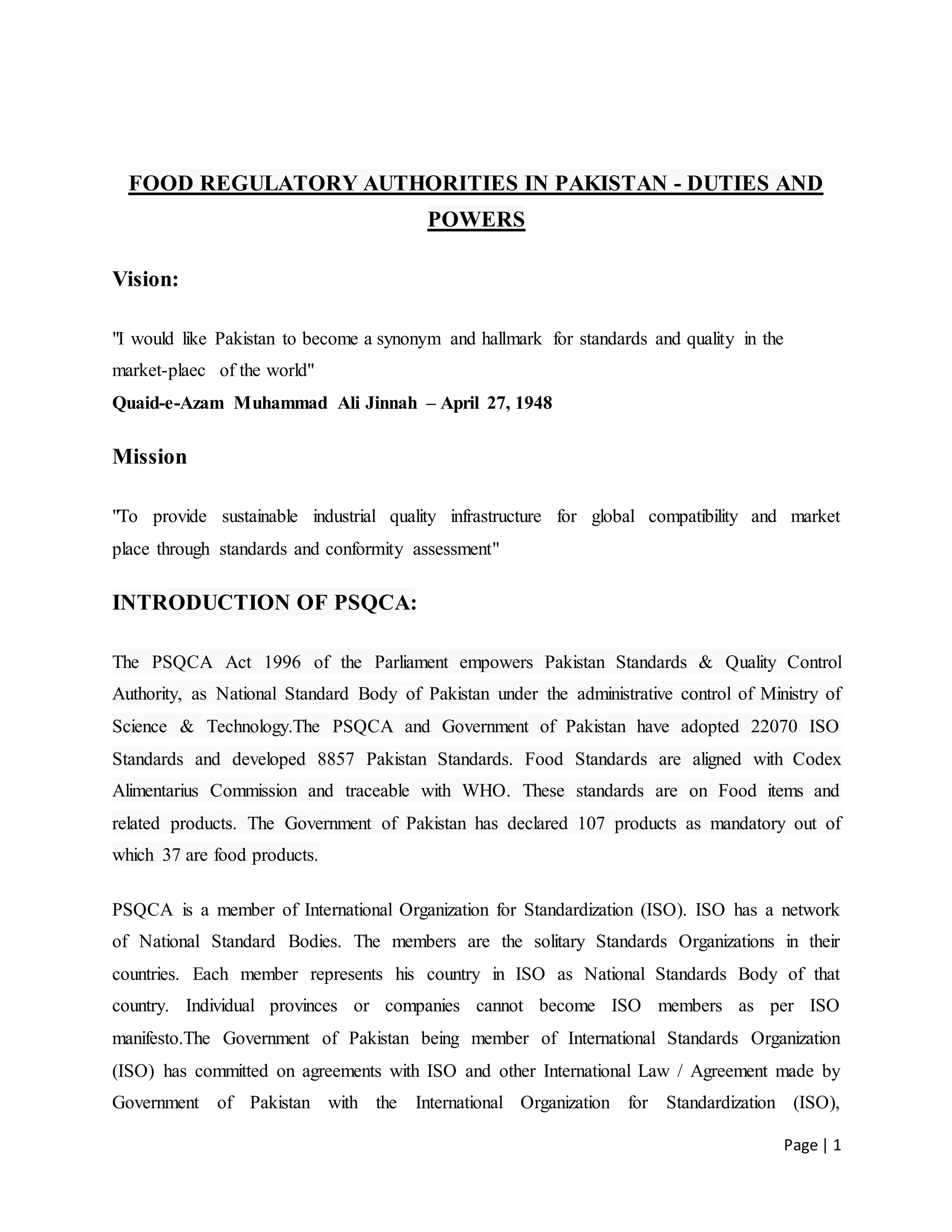 FOOD REGULATORY AUTHORITIES IN PAKISTAN | DOCX