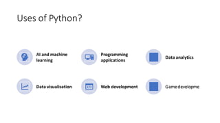 Uses of Python?
AI and machine
learning
Programming
applications
Data analytics
Data visualisation Web development Gamedevelopme
 