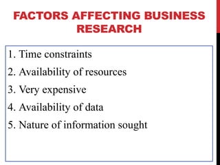 FACTORS AFFECTING BUSINESS
RESEARCH
1. Time constraints
2. Availability of resources
3. Very expensive
4. Availability of data
5. Nature of information sought
 