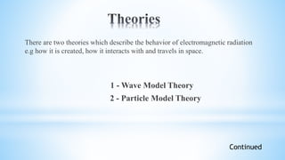 There are two theories which describe the behavior of electromagnetic radiation
e.g how it is created, how it interacts with and travels in space.
1 - Wave Model Theory
2 - Particle Model Theory
Continued
 