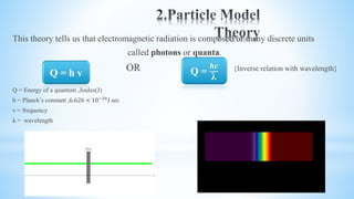This theory tells us that electromagnetic radiation is composed of many discrete units
called photons or quanta.
OR {Inverse relation with wavelength}
Q = Energy of a quantum ,Joules(J)
h = Planck’s constant ,6.626 × 10−34
J sec
v = frequency
λ = wavelength
Q = h v Q =
𝒉𝒄
λ
 