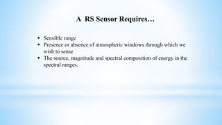  Sensible range
 Presence or absence of atmospheric windows through which we
wish to sense
 The source, magnitude and spectral composition of energy in the
spectral ranges.
A RS Sensor Requires…
 