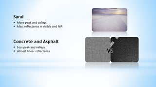 Sand
 More peak and valleys
 Max. reflectance in visible and NIR
Concrete and Asphalt
 Less peak and valleys
 Almost linear reflectance VS
 