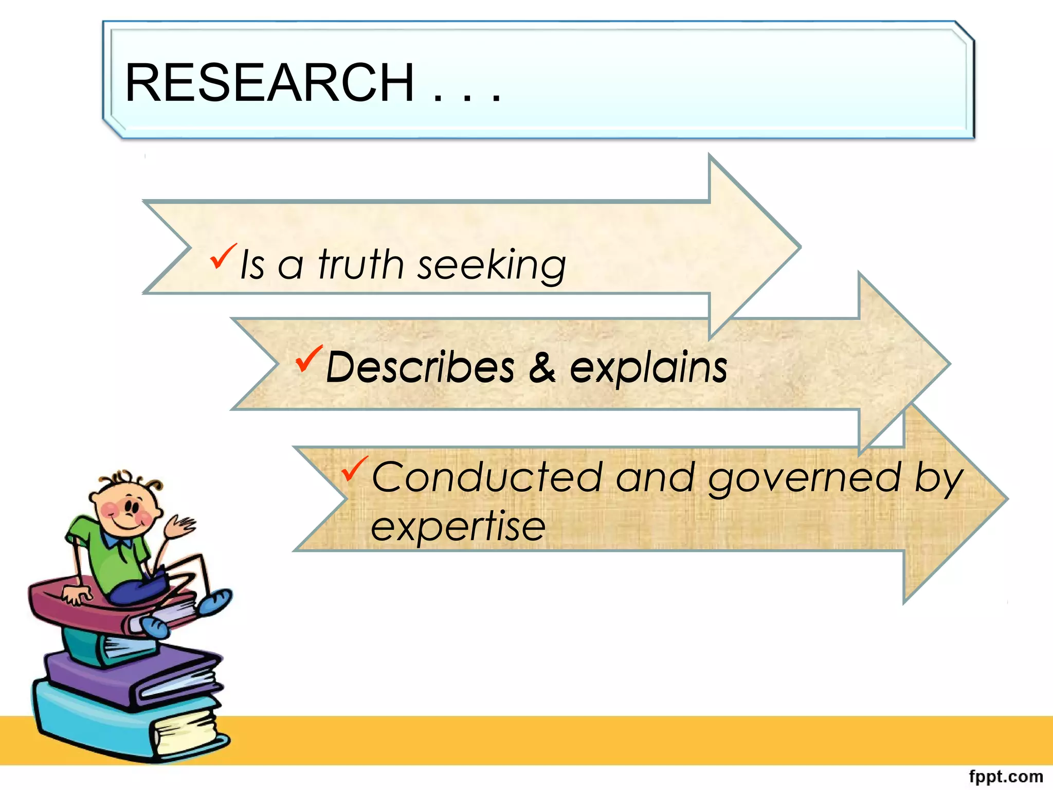 RESEARCH . . .
Describes & explains
Is a truth seeking
Conducted and governed by
expertise
Describes & explains
Is a truth seeking