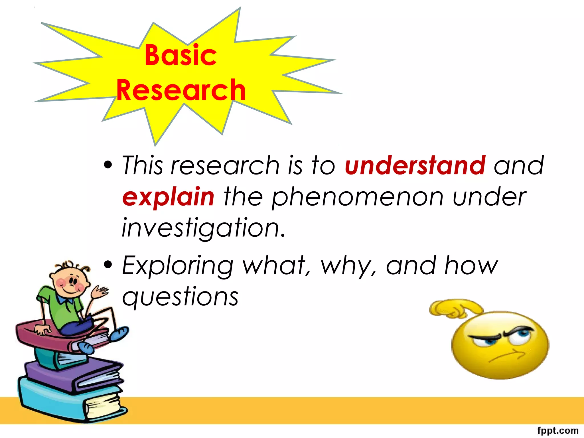 • This research is to understand and
explain the phenomenon under
investigation.
• Exploring what, why, and how
questions
Basic
Research