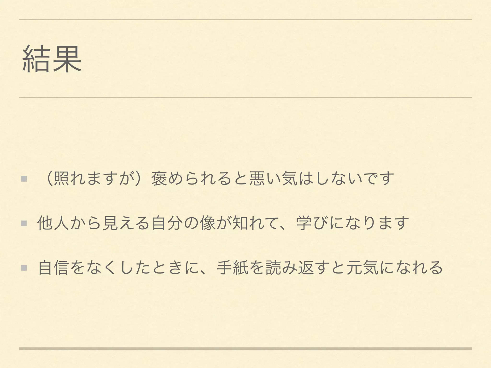 結果
（照れますが）褒められると悪い気はしないです	

他人から見える自分の像が知れて、学びになります	

自信をなくしたときに、手紙を読み返すと元気になれる
 