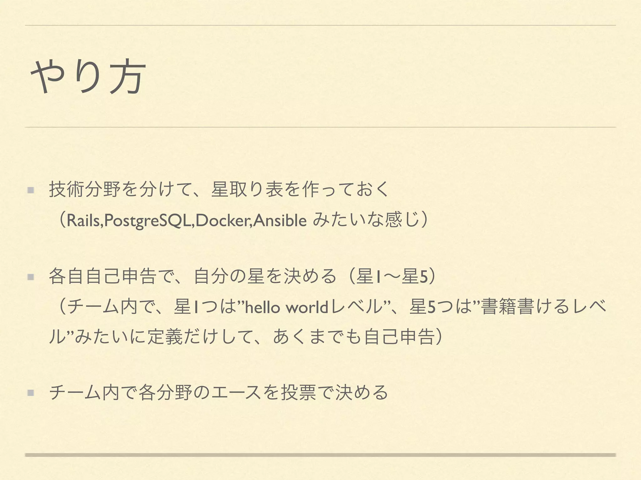 やり方
技術分野を分けて、星取り表を作っておく 
（Rails,PostgreSQL,Docker,Ansible みたいな感じ）	

各自自己申告で、自分の星を決める（星1∼星5） 
（チーム内で、星1つは”hello worldレベル”、星5つは”書籍書けるレベ
ル”みたいに定義だけして、あくまでも自己申告）	

チーム内で各分野のエースを投票で決める
 