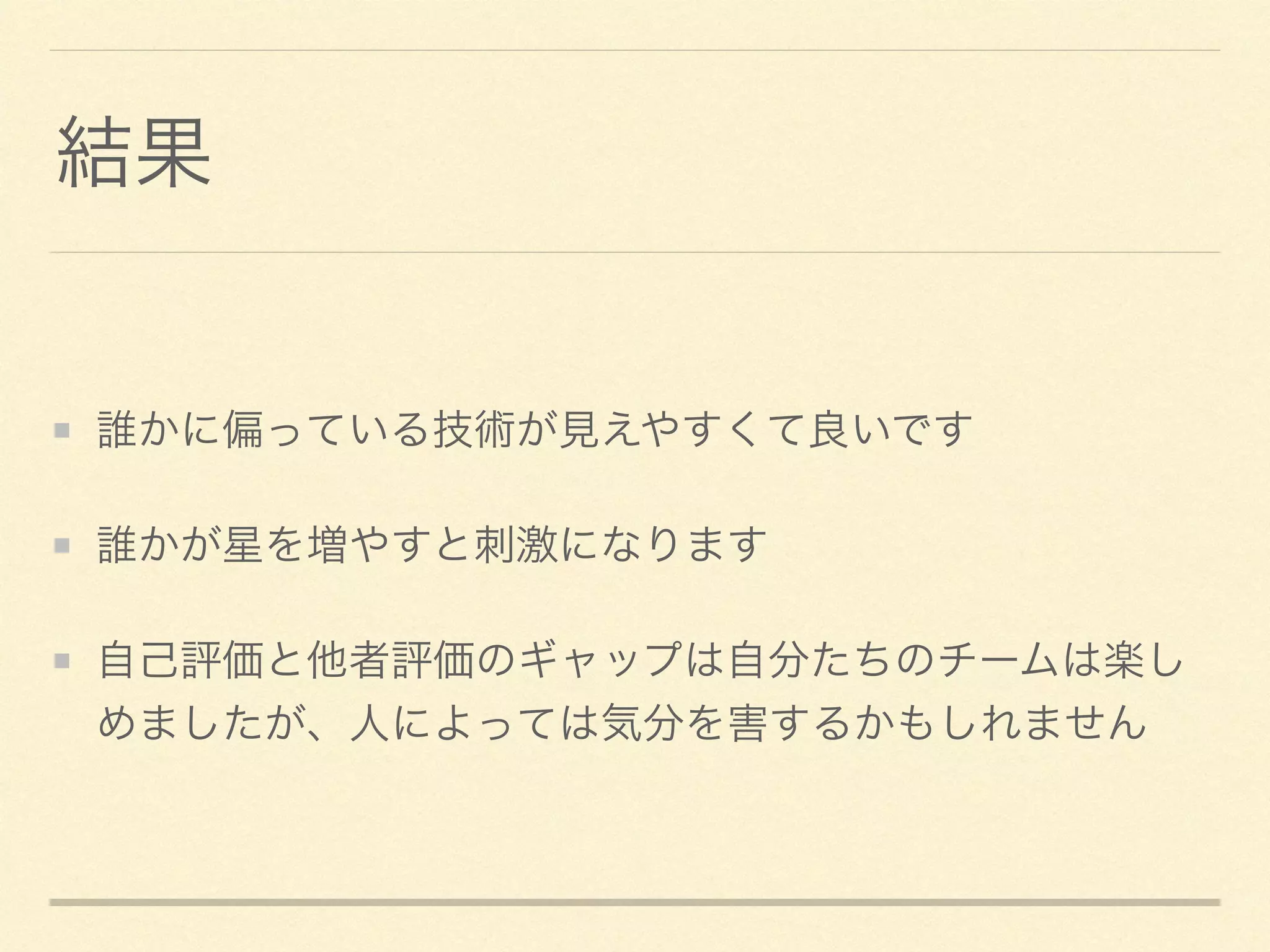 結果
誰かに偏っている技術が見えやすくて良いです	

誰かが星を増やすと刺激になります	

自己評価と他者評価のギャップは自分たちのチームは楽し
めましたが、人によっては気分を害するかもしれません
 