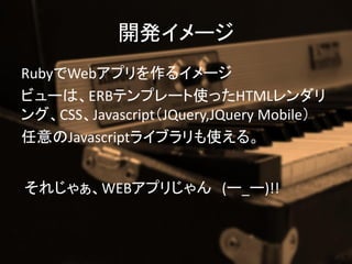 _k`
RubyWebץ륤`
ӥ`ϡERBƥץ`ʹäHTML
󥰡CSSJavascriptJQuery,JQuery Mobile
Javascript饤֥ʹ롣


줸㤡WEBץꤸ (`_`)!!
 