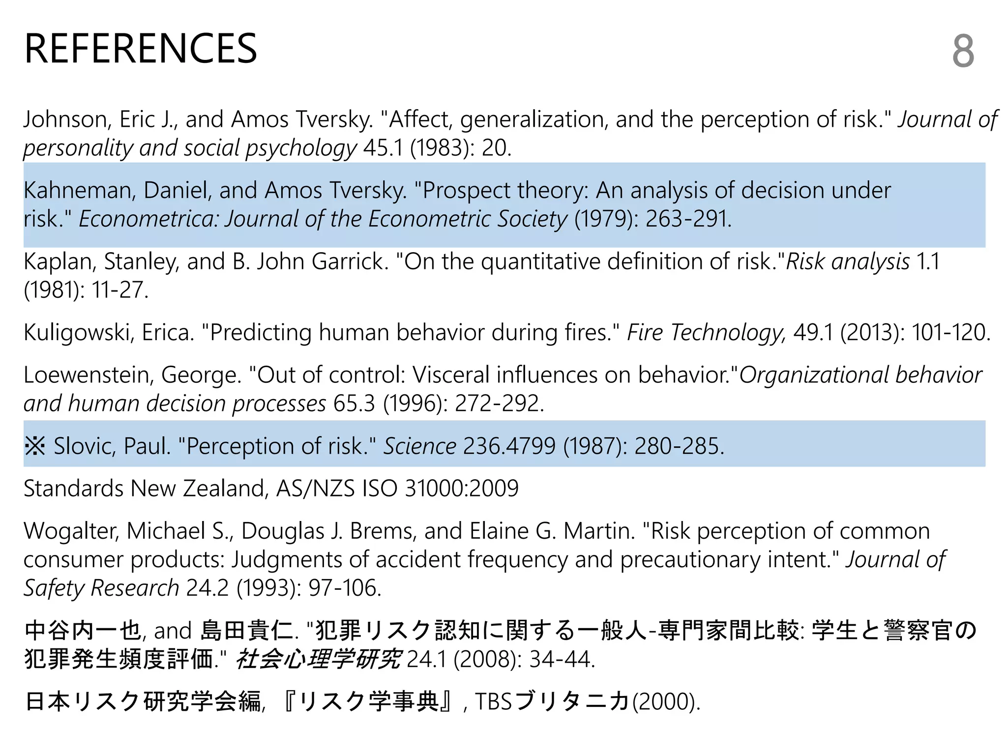 REFERENCES
Johnson, Eric J., and Amos Tversky. "Affect, generalization, and the perception of risk." Journal of
personality and social psychology 45.1 (1983): 20.
Kahneman, Daniel, and Amos Tversky. "Prospect theory: An analysis of decision under
risk." Econometrica: Journal of the Econometric Society (1979): 263-291.
Kaplan, Stanley, and B. John Garrick. "On the quantitative definition of risk."Risk analysis 1.1
(1981): 11-27.
Kuligowski, Erica. "Predicting human behavior during fires." Fire Technology, 49.1 (2013): 101-120.
Loewenstein, George. "Out of control: Visceral influences on behavior."Organizational behavior
and human decision processes 65.3 (1996): 272-292.
※ Slovic, Paul. "Perception of risk." Science 236.4799 (1987): 280-285.
Standards New Zealand, AS/NZS ISO 31000:2009
Wogalter, Michael S., Douglas J. Brems, and Elaine G. Martin. "Risk perception of common
consumer products: Judgments of accident frequency and precautionary intent." Journal of
Safety Research 24.2 (1993): 97-106.
中谷内一也, and 島田貴仁. "犯罪リスク認知に関する一般人-専門家間比較: 学生と警察官の
犯罪発生頻度評価." 社会心理学研究 24.1 (2008): 34-44.
日本リスク研究学会編, 『リスク学事典』, TBSブリタニカ(2000).
8
 