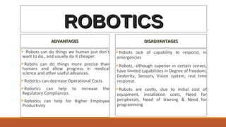 ROBOTICSROBOTICS
ADVANTAGESADVANTAGES
 Robots can do things we human just don’t
want to do , and usually do it cheaper.
Robots can do things more precise than
humans and allow progress in medical
science and other useful advances.
Robotics can decrease Operational Costs.
Robotics can help to increase the
Regulatory Compliances.
Robotics can help for Higher Employee
Productivity
DISADVANTAGESDISADVANTAGES
Robots lack of capability to respond, in
emergencies
Robots, although superior in certain senses,
have limited capabilities in Degree of freedom,
Dexterity, Sensors, Vision system, real time
response.
Robots are costly, due to initial cost of
equipment, installation costs, Need for
peripherals, Need of training & Need for
programming
 