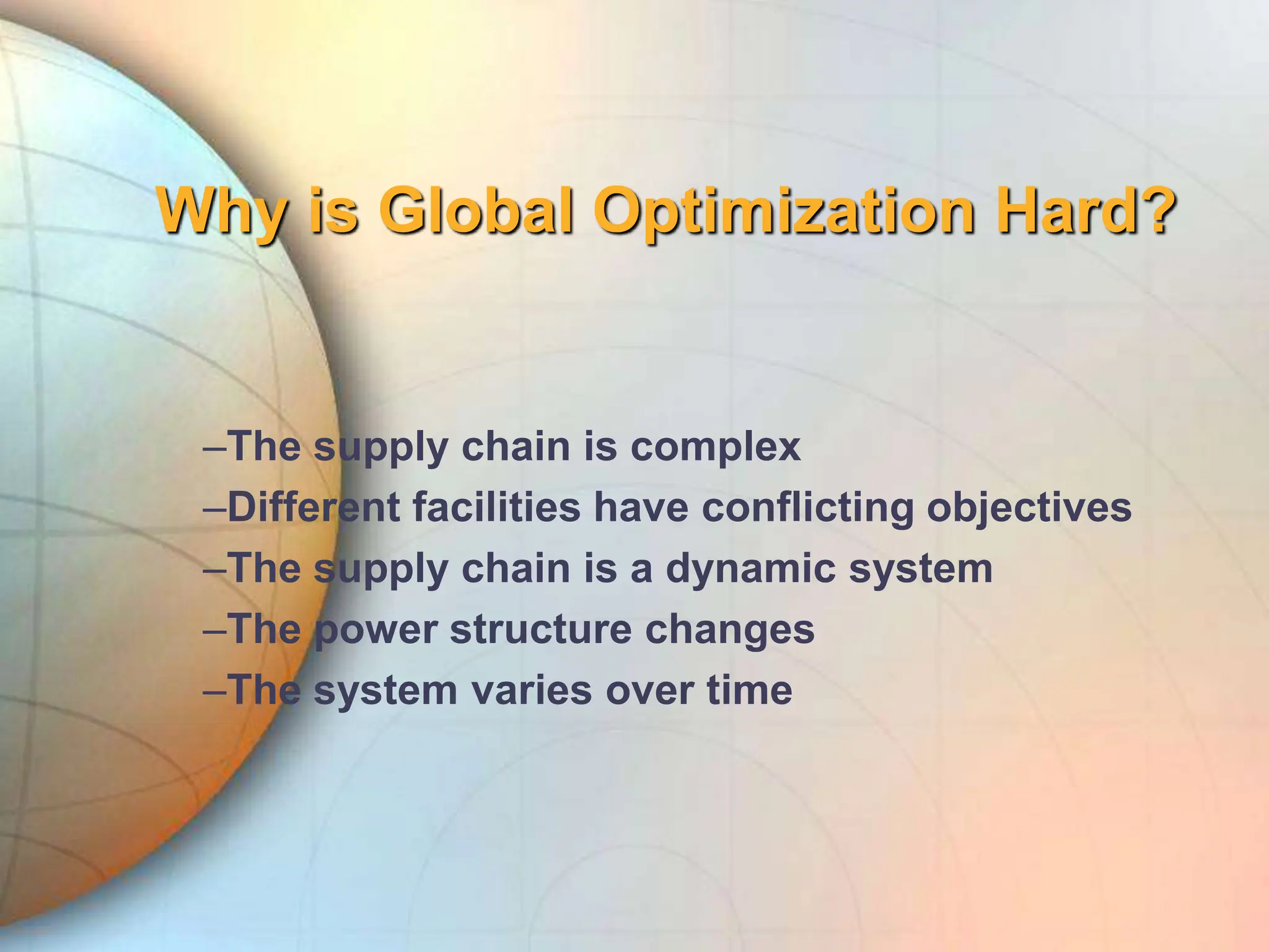 Why is Global Optimization Hard?
–The supply chain is complex
–Different facilities have conflicting objectives
–The supply chain is a dynamic system
–The power structure changes
–The system varies over time
 