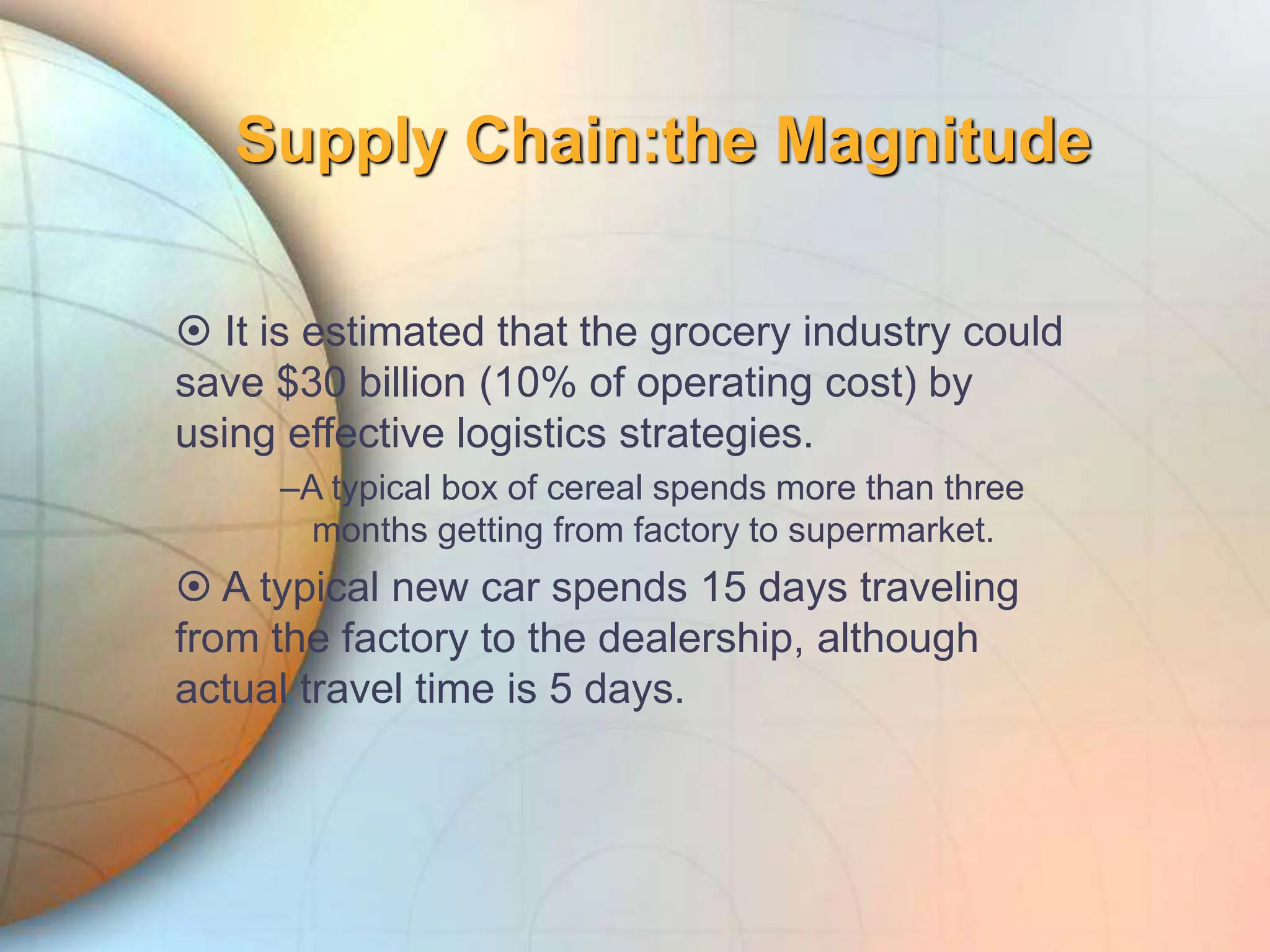Supply Chain:the Magnitude
 It is estimated that the grocery industry could
save $30 billion (10% of operating cost) by
using effective logistics strategies.
–A typical box of cereal spends more than three
months getting from factory to supermarket.
 A typical new car spends 15 days traveling
from the factory to the dealership, although
actual travel time is 5 days.
 