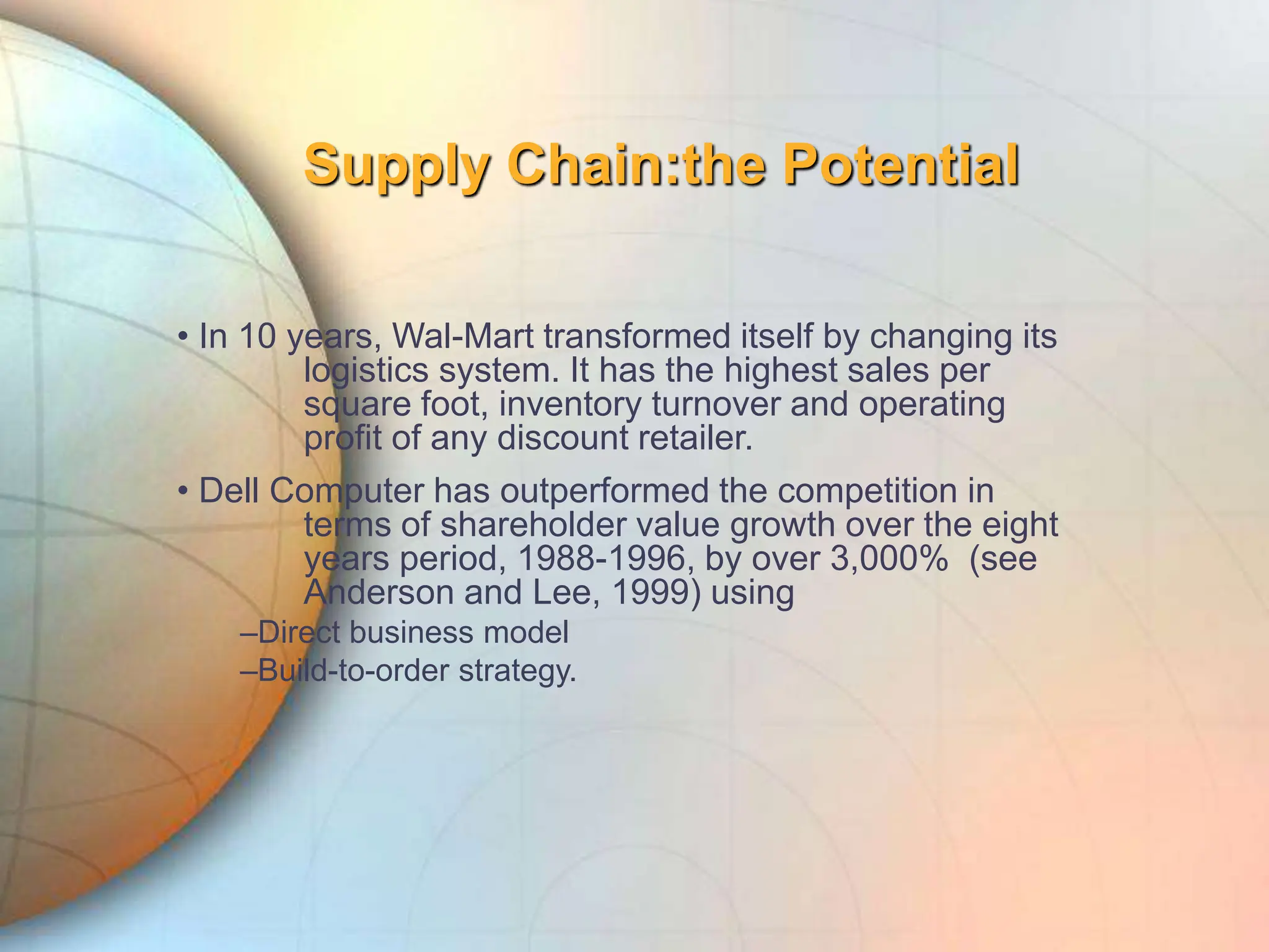 Supply Chain:the Potential
• In 10 years, Wal-Mart transformed itself by changing its
logistics system. It has the highest sales per
square foot, inventory turnover and operating
profit of any discount retailer.
• Dell Computer has outperformed the competition in
terms of shareholder value growth over the eight
years period, 1988-1996, by over 3,000% (see
Anderson and Lee, 1999) using
–Direct business model
–Build-to-order strategy.
 