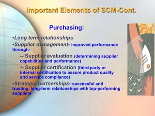 Important Elements of SCM-Cont.
Purchasing:
•Long term relationships
•Supplier management- improved performance
through-
-- Supplier evaluation (determining supplier
capabilities and performance)
-- Supplier certification (third party or
internal certification to assure product quality
and service compliance)
•Strategic partnerships- successful and
trusting, long-term relationships with top-performing
suppliers
 