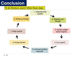64
1. Understand the
question
2. Organise your
thought
3. Identify suitable
search engines
4. run a search
5. Limit and combine
keywords
6. Access full text
7. Keep records
8. Writing up findings
To do literature search follow these steps
 
