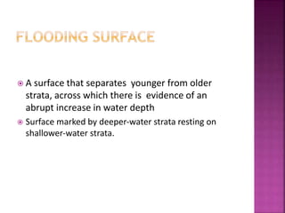  A surface that separates younger from older
strata, across which there is evidence of an
abrupt increase in water depth
 Surface marked by deeper‐water strata resting on
shallower‐water strata.
 