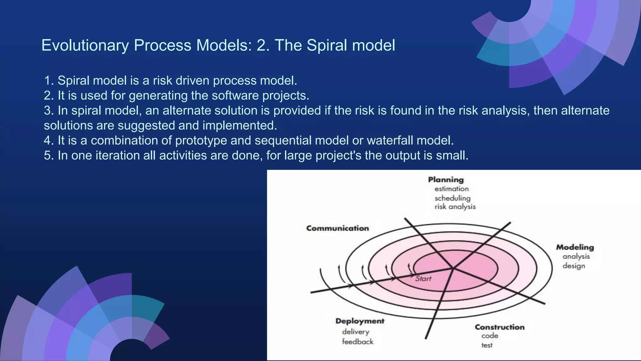 Evolutionary Process Models: 2. The Spiral model
1. Spiral model is a risk driven process model.
2. It is used for generating the software projects.
3. In spiral model, an alternate solution is provided if the risk is found in the risk analysis, then alternate
solutions are suggested and implemented.
4. It is a combination of prototype and sequential model or waterfall model.
5. In one iteration all activities are done, for large project's the output is small.
 