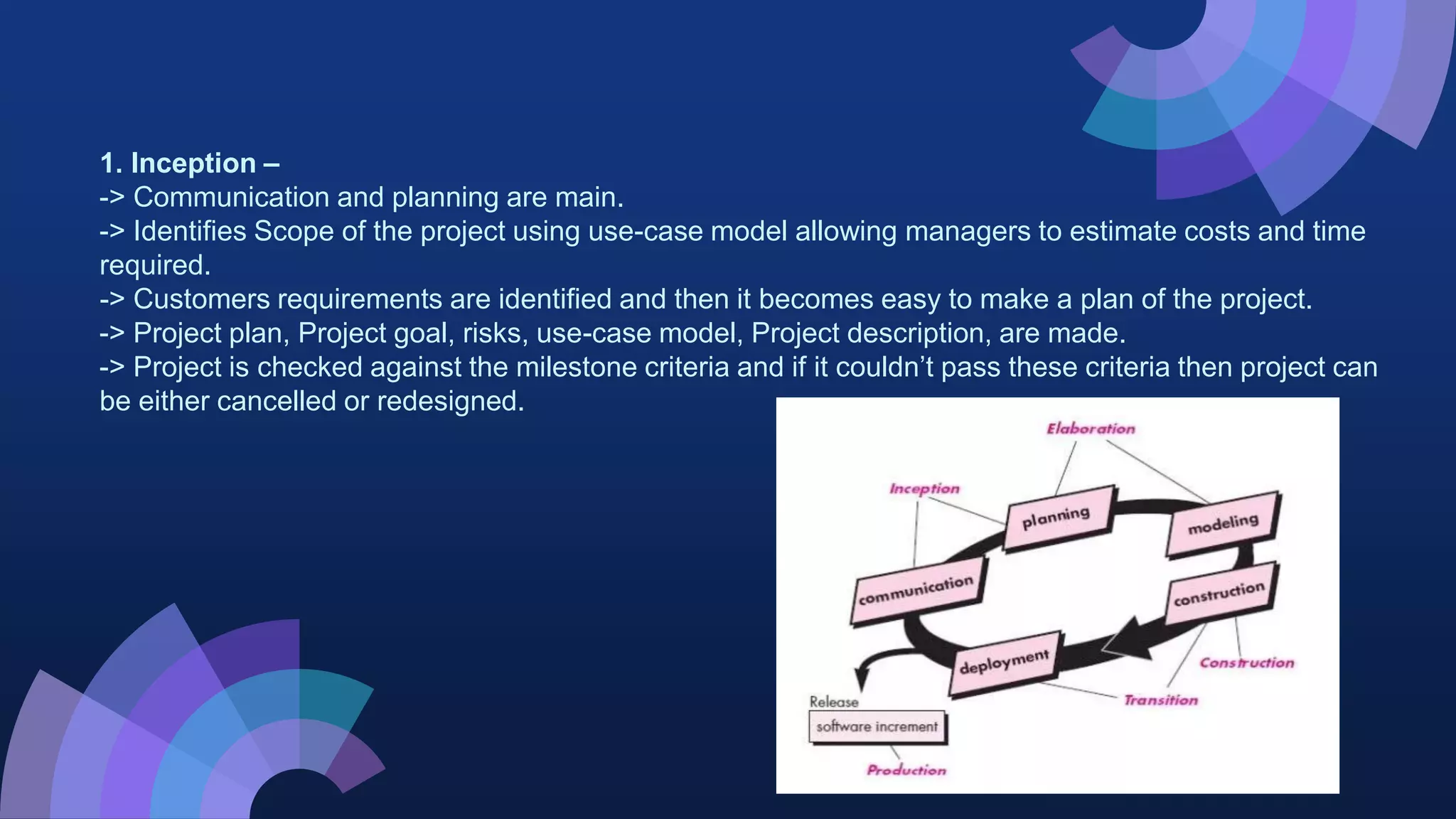 1. Inception –
-> Communication and planning are main.
-> Identifies Scope of the project using use-case model allowing managers to estimate costs and time
required.
-> Customers requirements are identified and then it becomes easy to make a plan of the project.
-> Project plan, Project goal, risks, use-case model, Project description, are made.
-> Project is checked against the milestone criteria and if it couldn’t pass these criteria then project can
be either cancelled or redesigned.
 