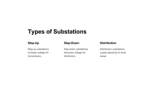 Types of Substations
Step-Up
Step-up substations
increase voltage for
transmission.
Step-Down
Step-down substations
decrease voltage for
distribution.
Distribution
Distribution substations
supply electricity to local
areas.
 