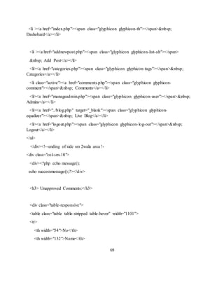 69
<li ><a href="index.php"><span class="glyphicon glyphicon-th"></span>&nbsp;
Dashobard</a></li>
<li ><a href="addnewpost.php"><span class="glyphicon glyphicon-list-alt"></span>
&nbsp; Add Post</a></li>
<li><a href="categories.php"><span class="glyphicon glyphicon-tags"></span>&nbsp;
Categories</a></li>
<li class="active"><a href="comments.php"><span class="glyphicon glyphicon-
comment"></span>&nbsp; Comments</a></li>
<li><a href="manageadmin.php"><span class="glyphicon glyphicon-user"></span>&nbsp;
Admins</a></li>
<li><a href="../blog.php" target="_blank"><span class="glyphicon glyphicon-
equalizer"></span>&nbsp; Live Blog</a></li>
<li><a href="logout.php"><span class="glyphicon glyphicon-log-out"></span>&nbsp;
Logout</a></li>
</ul>
</div><!--ending of side sm 2wala area !-
<div class="col-sm-10">
<div><?php echo message();
echo successmessage();?></div>
<h3> Unapproved Comments:</h3>
<div class="table-responsive">
<table class="table table-stripped table-hover" width="1101">
<tr>
<th width="54">No</th>
<th width="132">Name</th>
 