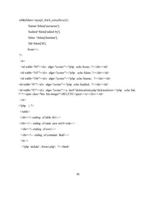 81
while($data=mysqli_fetch_array($exe)){
$name=$data['username'];
$added=$data['added by'];
$date =$data['datetime'];
$id=$data['id'];
$ssno++;
?>
<tr>
<td width="69"><div align="center"><?php echo $ssno; ?></div></td>
<td width="107"><div align="center"><?php echo $date; ?></div></td>
<td width="106"><div align="center"><?php echo $name; ?></div></td>
<td width="47"><div align="center"><?php echo $added; ?></div></td>
<td width="47"><div align="center"><a href="deleteadmin.php?deleteadmin=<?php echo $id;
?>"><span class="btn btn-danger">DELETE</span></a></div></td>
</tr>
<?php } ?>
</table>
</div><!--ending of table div!-->
</div><!-- ending of main area sm10 wala-->
</div><!--ending of row!-->
</div><!-- ending of container fluid!-->
<br />
<?php include'../footer.php'; ?></html>
 