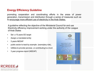 Energy Efficiency Guideline
promoting cooperation and coordinating efforts in the areas of power
generation, transmission and distribution through a series of measures such as
to encourage more efficient use of electricity in the Arab States;

    A guideline reflecting the objective of the Ministerial Council for end use
    Electricity efficiency improvement working under the authority of the League
    of Arab States
•     Set a 10 years EE target
•     Assign a mandated entity
•     3 years NEEAP
•     public sector to lead by example (exemplary role),
•     Utilities to provide services or contributing to a fund
•     3 year progress report (NEEAP)
 