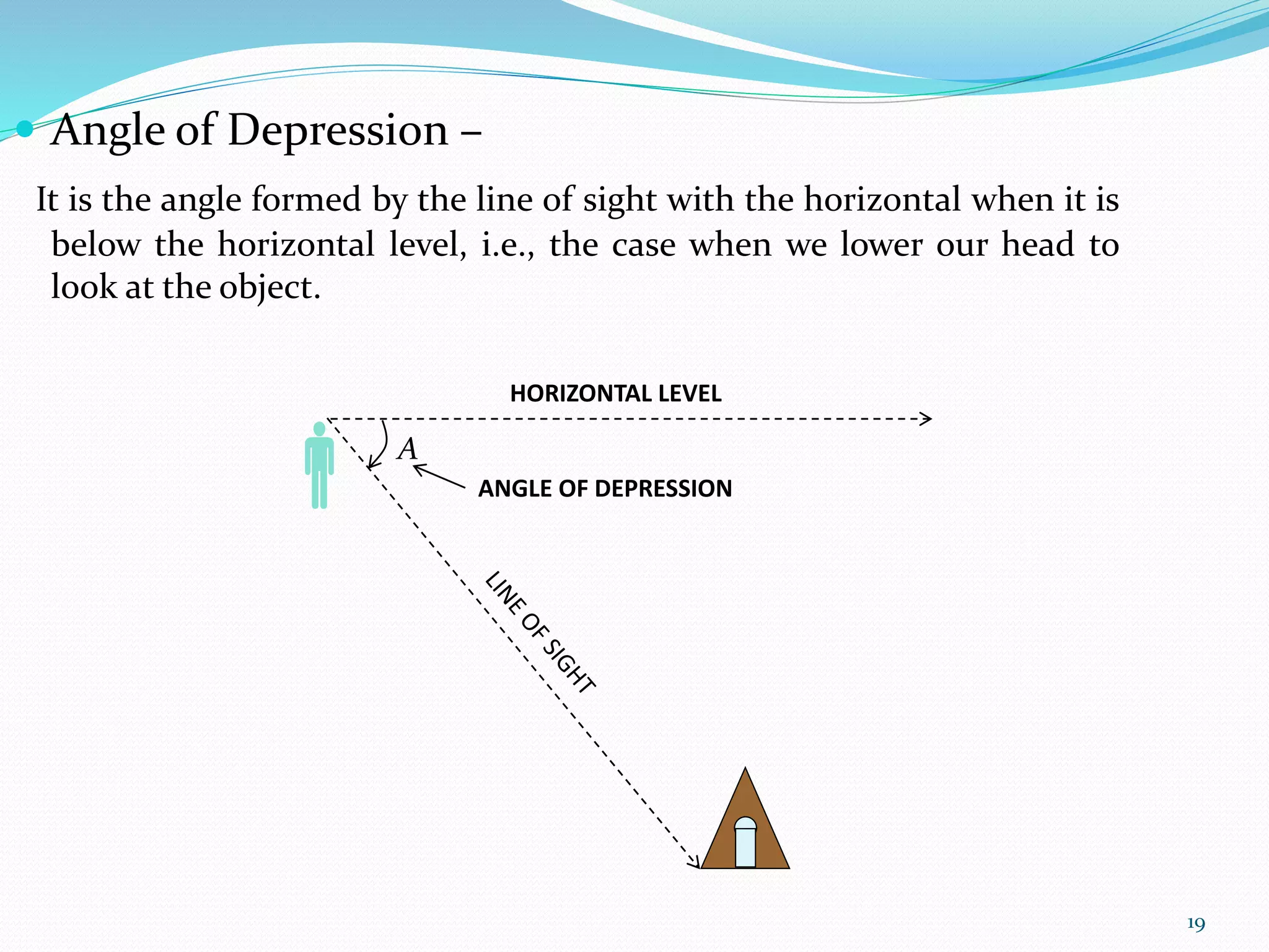 19
 Angle of Depression –
It is the angle formed by the line of sight with the horizontal when it is
below the horizontal level, i.e., the case when we lower our head to
look at the object.
 A
HORIZONTAL LEVEL
ANGLE OF DEPRESSION
 