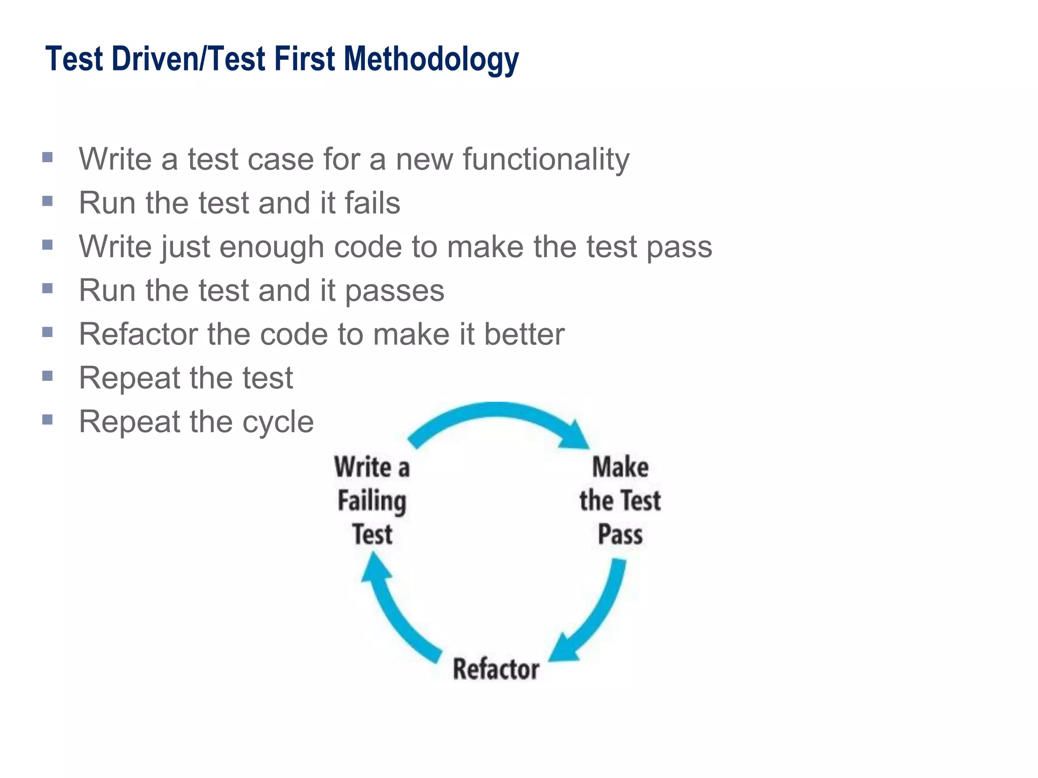 Test Driven/Test First Methodology
 Write a test case for a new functionality
 Run the test and it fails
 Write just enough code to make the test pass
 Run the test and it passes
 Refactor the code to make it better
 Repeat the test
 Repeat the cycle
 