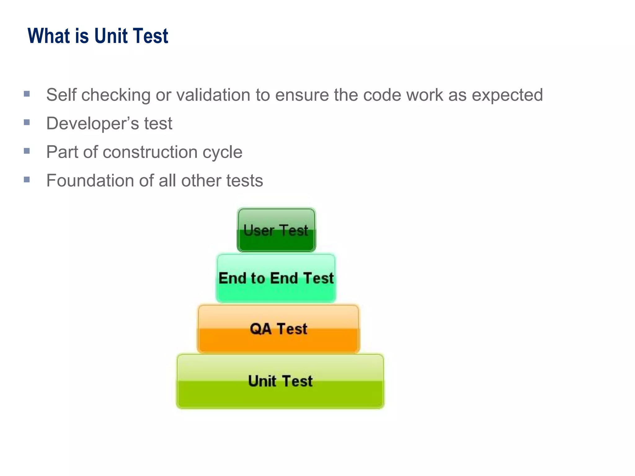 What is Unit Test
 Self checking or validation to ensure the code work as expected
 Developer’s test
 Part of construction cycle
 Foundation of all other tests
 