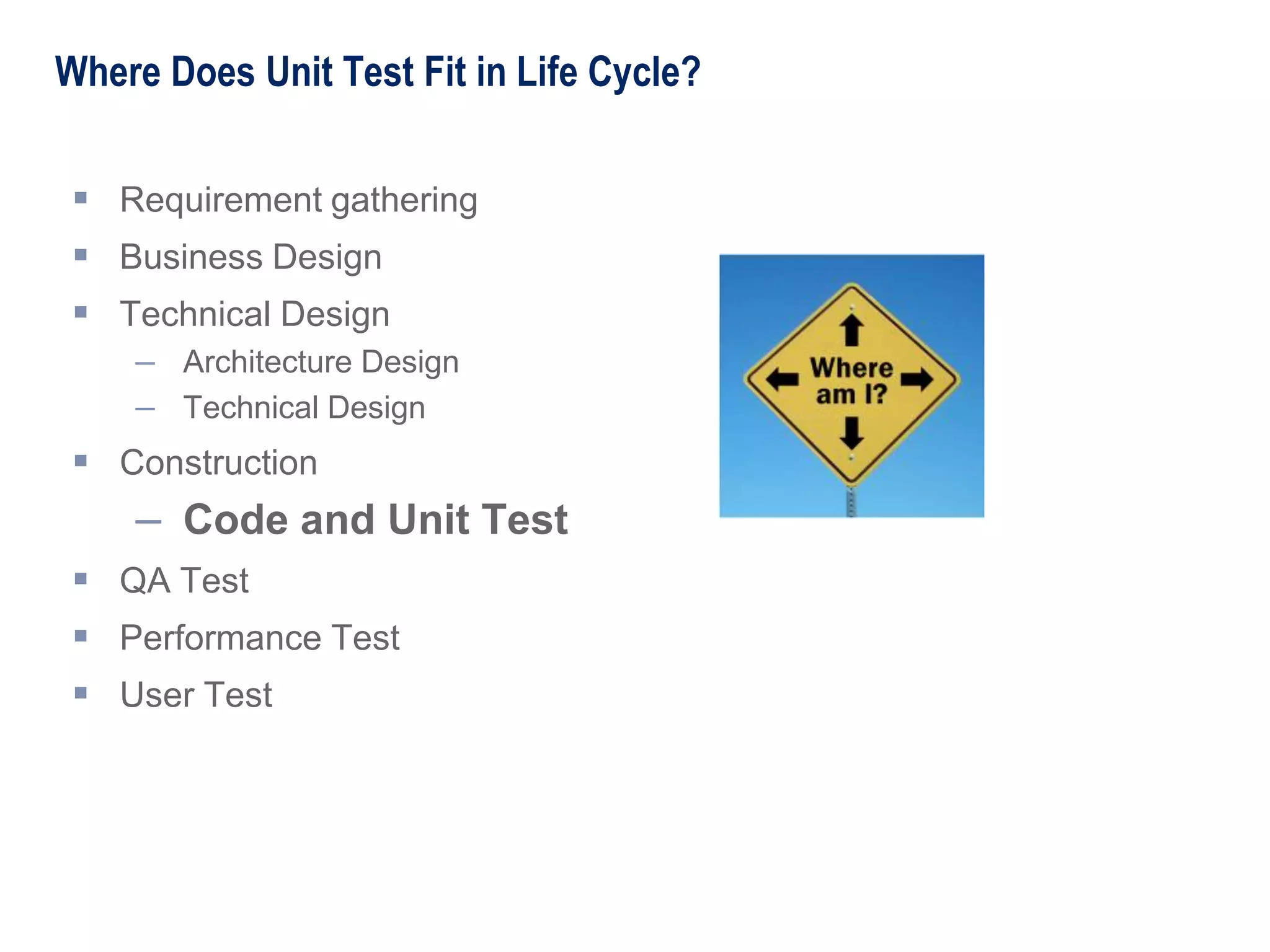 Where Does Unit Test Fit in Life Cycle?
 Requirement gathering
 Business Design
 Technical Design
– Architecture Design
– Technical Design
 Construction
– Code and Unit Test
 QA Test
 Performance Test
 User Test
 