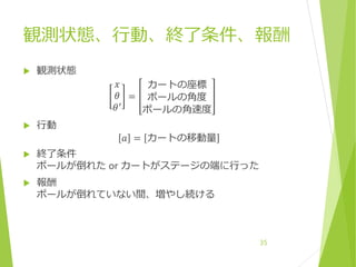 観測状態、行動、終了条件、報酬
 観測状態
𝑥
𝜃
𝜃′
=
カートの座標
ポールの角度
ポールの角速度
 行動
𝑎 = カートの移動量
 終了条件
ポールが倒れた or カートがステージの端に行った
 報酬
ポールが倒れていない間、増やし続ける
35
 