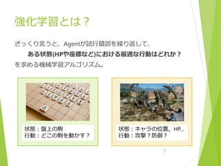 強化学習とは？
ざっくり言うと、Agentが試行錯誤を繰り返して、
ある状態(HPや座標など)における最適な行動はどれか？
を求める機械学習アルゴリズム。
5
状態：盤上の駒
行動：どこの駒を動かす？
状態：キャラの位置，HP…
行動：攻撃？防御？
 