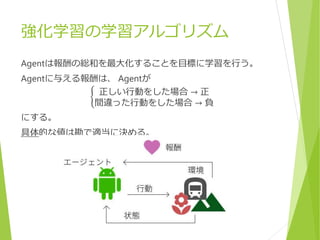 強化学習の学習アルゴリズム
Agentは報酬の総和を最大化することを目標に学習を行う。
Agentに与える報酬は、 Agentが
正しい行動をした場合 → 正
間違った行動をした場合 → 負
にする。
具体的な値は勘で適当に決める。
6
 