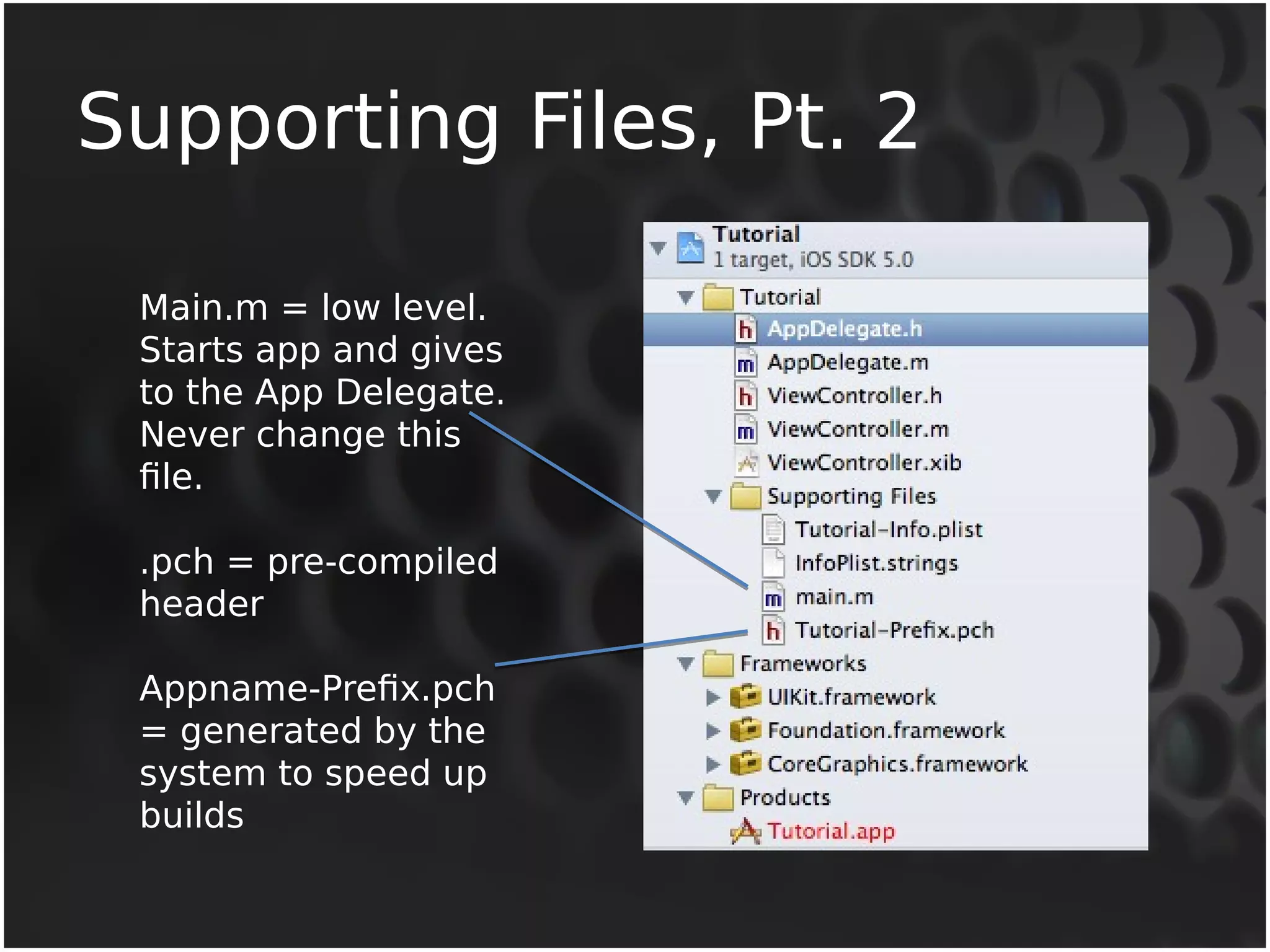 Supporting Files, Pt. 2 
Main.m = low level. 
Starts app and gives 
to the App Delegate. 
Never change this 
file. 
.pch = pre-compiled 
header 
Appname-Prefix.pch 
= generated by the 
system to speed up 
builds 
 